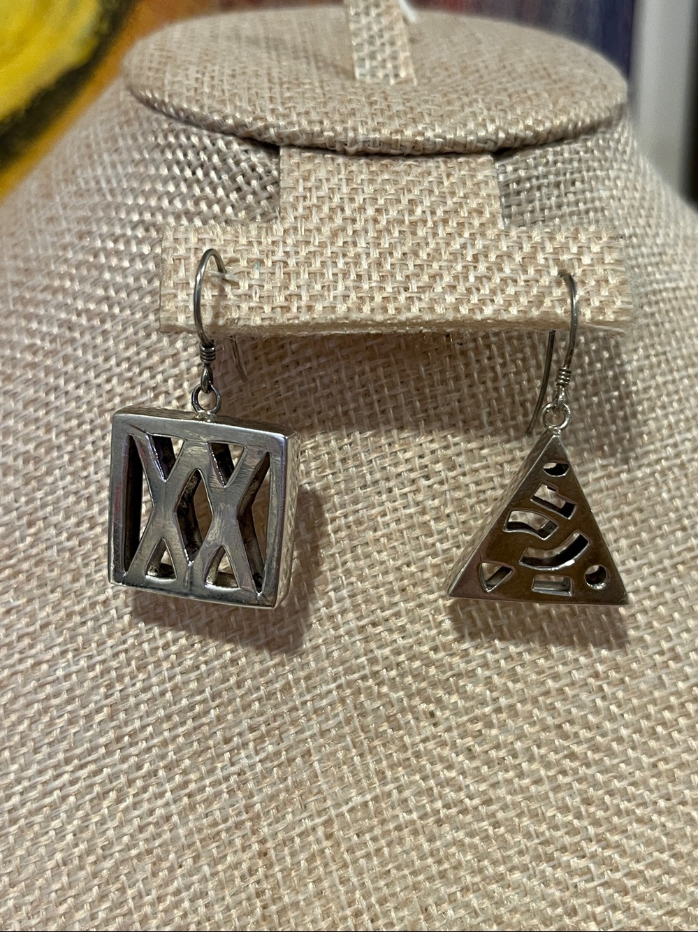 Vtg Polished .925 Silver Geometric Cutout Drop Earrings - Sterling